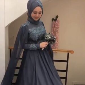 Elegant Blue Cape Sparkle Evening Gown